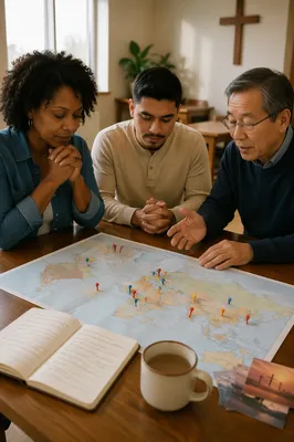 Three Adults Praying Over World Map