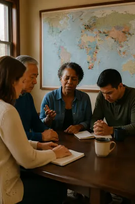 Group Praying Beside World Map