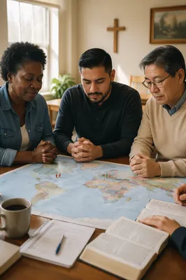 Group Praying Over World Map