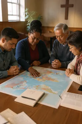 Prayer Group Around World Map Table