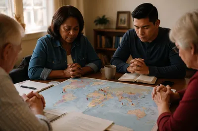 Group Praying Around World Map Table