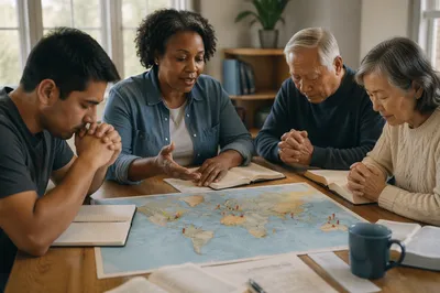 Group Praying Over World Map Table