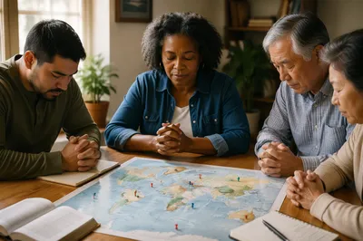 Group Praying Over World Map