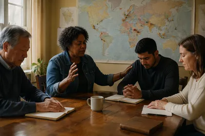Small Group Praying by World Map