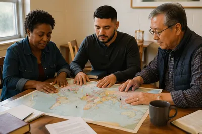Church Group Planning Around World Map