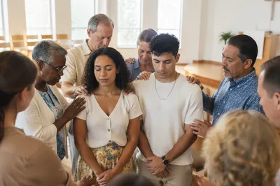 Church Group Praying Over Young Couple