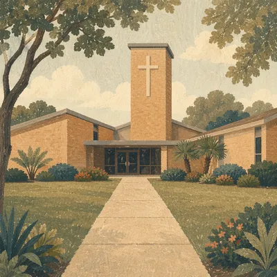 Modern Community Church Exterior with Bell Tower