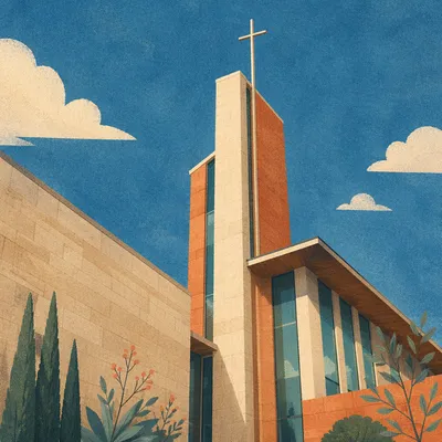 Modern Church Exterior with Tower and Cross