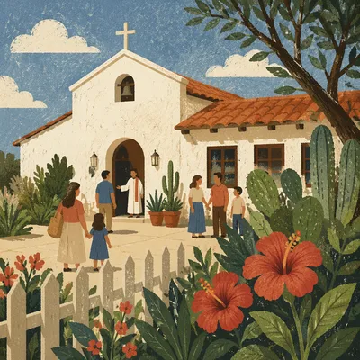 Welcoming Mediterranean Chapel Exterior with Hibiscus