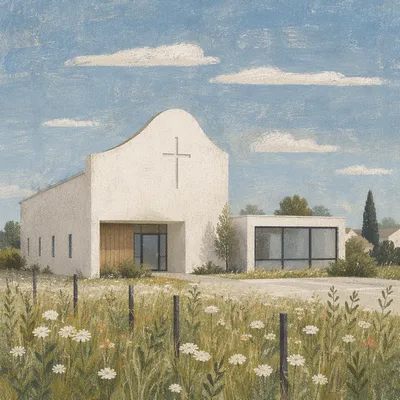 Modern Minimalist Church Exterior with Meadow