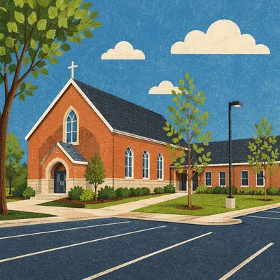 Modern Brick Church Exterior on Clear Day