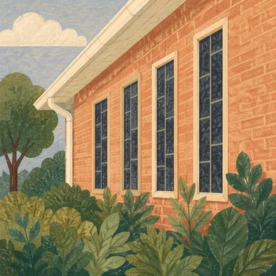 Modern Church Exterior with Brick and Greenery