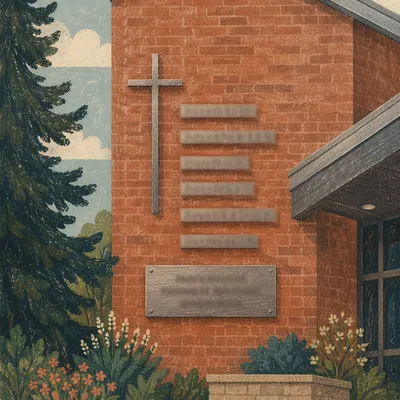 Modern Church Brick Facade with Blurred Sign