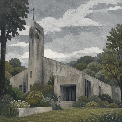 Modern Brutalist Church in Green Neighborhood