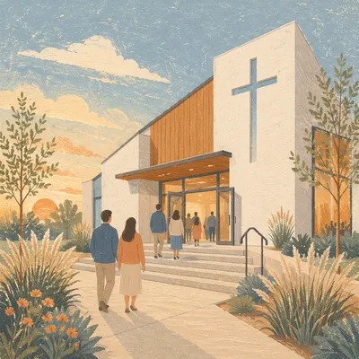 Modern Church Exterior at Sunrise