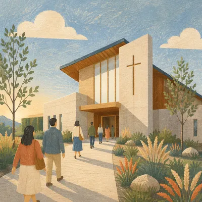Modern Community Church Exterior at Sunrise