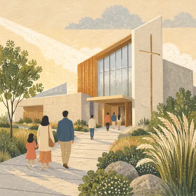 Modern Church Exterior in Golden Morning Light
