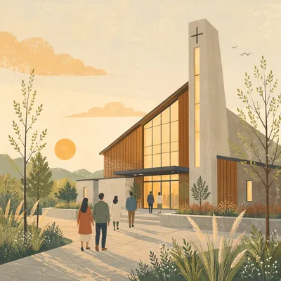 Modern Church Exterior at Peaceful Sunrise