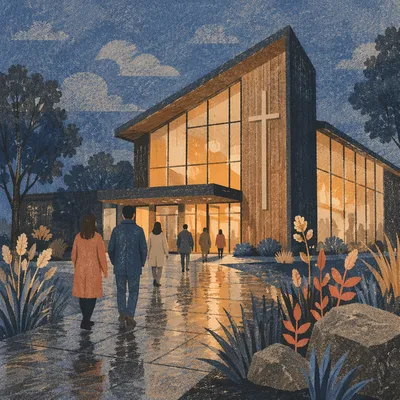 Modern Church Exterior at Rainy Blue Hour