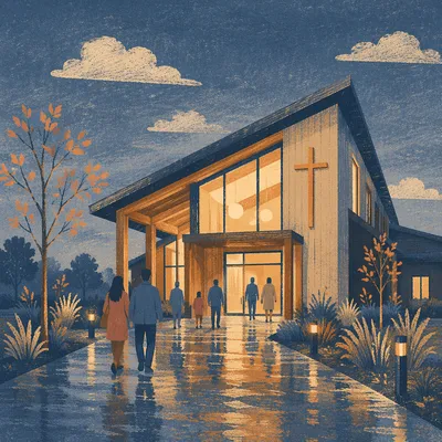 Modern Church Entrance at Rainy Blue Hour
