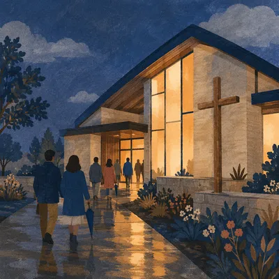Modern Church Exterior at Rainy Blue Hour