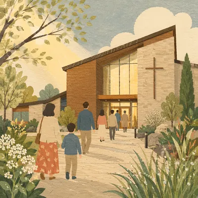 Modern Church Exterior on Peaceful Sunday Morning