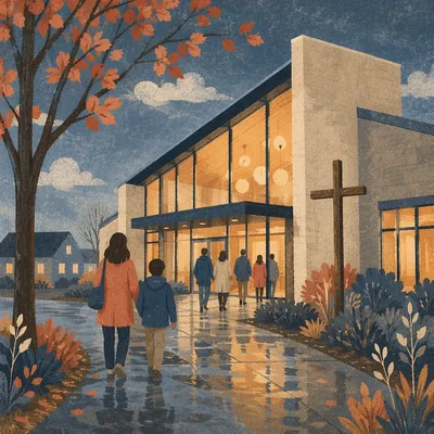 Welcoming Modern Church Exterior at Dusk