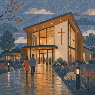 Modern Church Exterior After Evening Rain