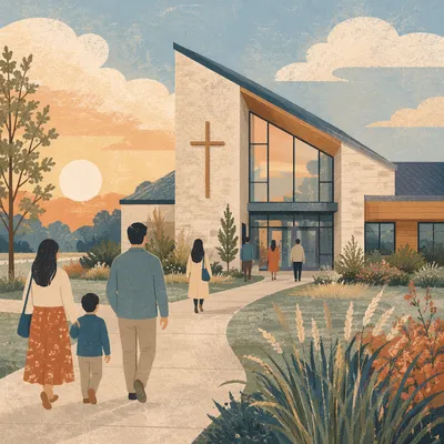 Modern Church Exterior at Peaceful Sunrise
