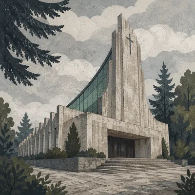 Modern Concrete Church in Quiet Woods