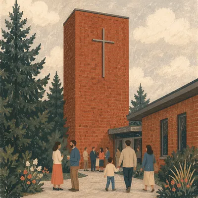Modern Brick Church Tower with Cross