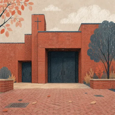 Modern Red Brick Church Courtyard Exterior