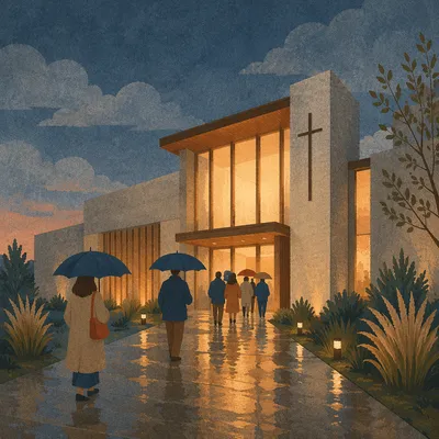 Modern Church Entrance at Rainy Blue Hour