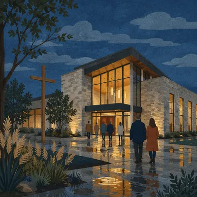 Modern Church Exterior at Rainy Blue Hour