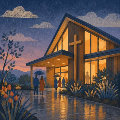 Modern Church Exterior After Evening Rain