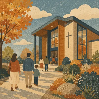 Welcoming Modern Church on Autumn Morning