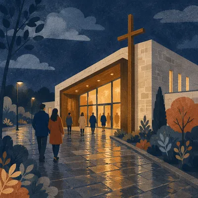 Modern Church Entrance at Rainy Blue Hour
