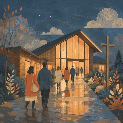 Modern Church Exterior at Rainy Blue Hour