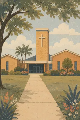 Modern Community Church Exterior with Bell Tower