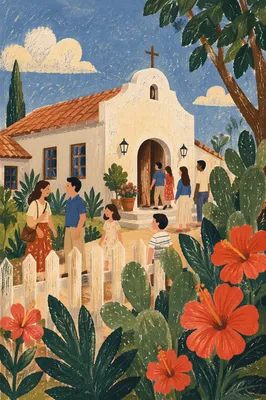 Mediterranean Chapel Exterior with Hibiscus Garden