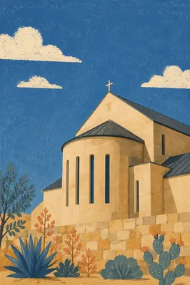 Modern Limestone Church Under Clear Blue Sky