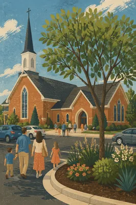 Modern Brick Church Exterior in Summer Light