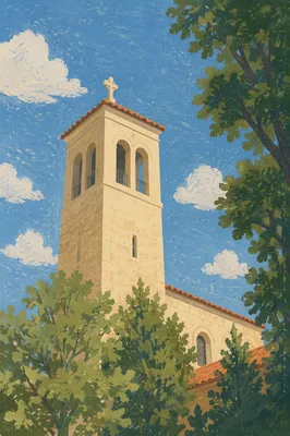 Modern Limestone Church Tower Under Blue Sky