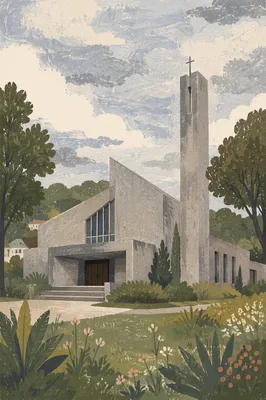 Modern Concrete Church in Green Neighborhood