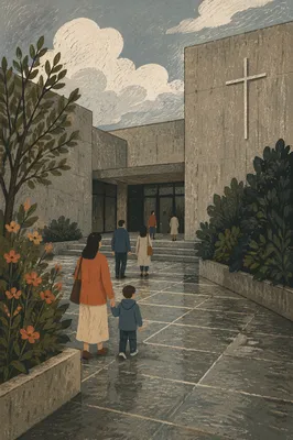 Modern Brutalist Church Courtyard Entrance
