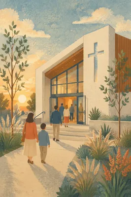 Modern Church Exterior at Sunrise