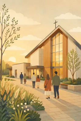 Welcoming Modern Church Exterior at Sunrise