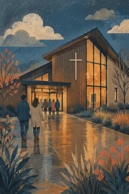 Modern Church Exterior at Rainy Blue Hour