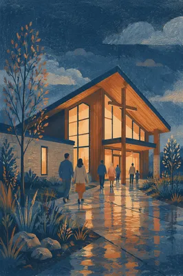 Modern Church Exterior at Rainy Blue Hour