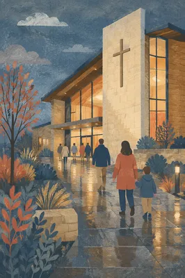 Modern Church Exterior at Rainy Blue Hour